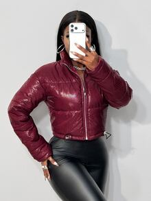 BamGleam Burgundy Animal Print Y2K Drawstring Hem Cropped Jacket - Burgundy - View 5