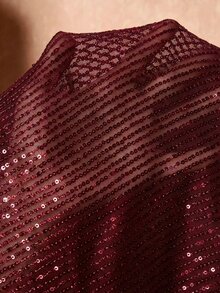 Cravure Plus Size Women's 2 Pieces Set With Sequin Patchwork Asymmetrical Top And Casual Long Pants, Cold Shoulder Vintage Commute Elegant Lady Intellectual Vacation Party Outfit - Burgundy - View 7