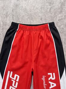 Young Boy Jacket Set, Boys Racing Theme 2 Pieces Set, Hooded Zip-Up Jacket + Jogger Pants. Red Black White Colorblock Patchwork, All-Over Racing Style Letter Print, Elastic Cuffs And Hem, Smooth Fabric, Motorcycle Style - Red - View 5