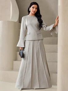 Veilorie Women's Solid Color Round Neck Flare Sleeve Blouse And Pleated Skirt Elegant 2 Pieces Set - Khaki - View 2