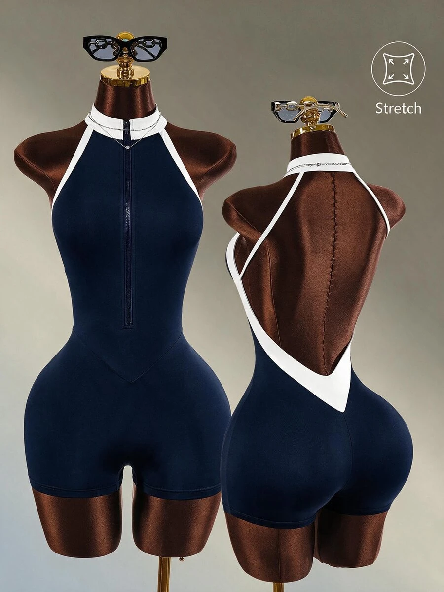 Amplova Backless Halter Neck Fitted Athletic Romper - Navy Blue - View 1