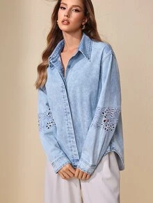 Selenza Women's Casual Elegant Embroidered Light Color Denim Top For Commute And Date - Light Wash - View 4