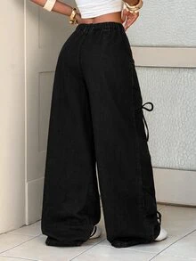 Rivivi Plus Size Women's Front Knot Wide Leg Loose Casual Denim Jeans - Black - View 2