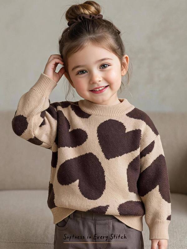 Cozy Pixies Baby Girl Casual Comfortable Cute Heart Pattern Crew Neck Sweater