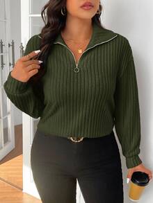 SHEIN Frenchy Plus Size Women Solid Color Casual Versatile Daily Wear Long Sleeve T-Shirt - Green - View 3