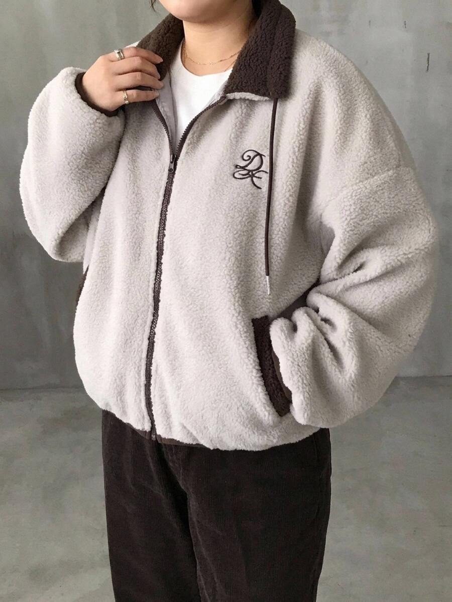 Dazy Plus Fleece Colorblock Patchwork Korean Style Preppy Versatile Warm Jacket Coat, New Autumn/Winter - Light Grey - View 1