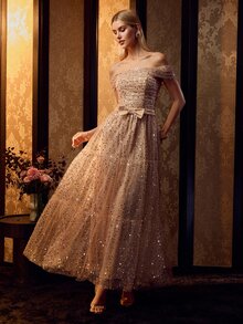 MOTF Soiréza ELEGANT WOMEN'S OFF SHOULDER SEQUINED MAXI GOWN WITH BOW DETAIL FOR FORMAL PARTY, WEDDINGS, GALAS - Champagne - View 5