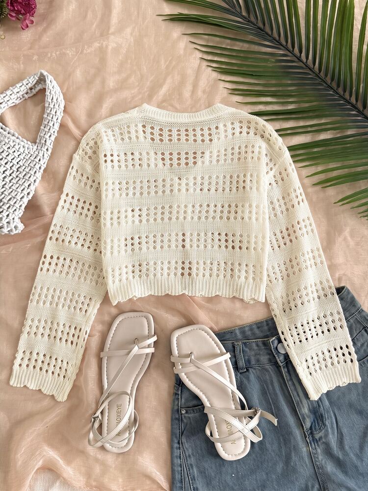 SHEIN Tween Girl Hollow Knit Cardigan, Casual Streetwear, Vacation Beach, Party And Other Occasions, Comfortable Versatile Soft, - Apricot - View 2