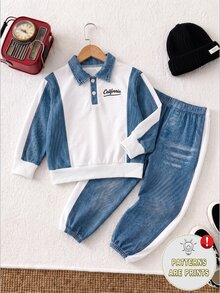 2pcs/Set Boys Casual Polo Sweatshirt And Long Pants Set, Denim Effect Digital Print With Letter Graphic On Chest, Fashionable Casual For Daily, School, Sports Occasions, Autumn/Winter, Ribbed Cuffs For Convenience And Practicality - Blue - View 3