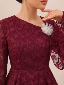 Graceveil Elegant 3D Floral Cut-Out Hem Flared Sleeve Cinched Waist Top And Full Skirt Set For Autumn/Winter Party - Red - View 7