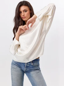 KÆRIA Hus Draped Cocoon Long Sleeve Top - Soft Sheen Drape - Ivory - Elegant, Business, Formal, Workwear Top, Fall, Summer, Chic, Modern - White - View 1