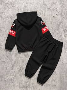 Young Boy Jacket Set, Boys Racing Theme 2 Pieces Set, Hooded Zip-Up Jacket + Jogger Pants. Red Black White Colorblock Patchwork, All-Over Racing Style Letter Print, Elastic Cuffs And Hem, Smooth Fabric, Motorcycle Style - Red - View 2