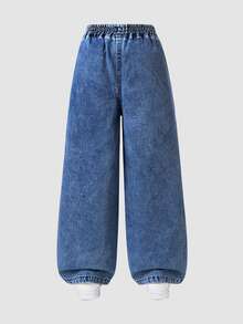 SHEIN 女款牛仔寬腿褲 春夏新品 休閒波希米亞風 祭典平腰鬆緊腰帶口袋寬腿牛仔褲 日常必備 OOTD 穿搭單品 淺洗藍牛仔色 春夏度假款 鬆緊腰設計 寬鬆直筒寬腿版型 舒適棉質牛仔布 百搭日常 T-shirt 搭配 春夏度假日常出遊聚會 棉質面料 - 中等水洗藍 - 查看 2