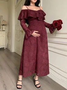 DAZY Solid Color Loose Lace Long Sleeve Off-Shoulder Umbrella Skirt Elegant Vacation Spring/Autumn Maternity Dress - Red - View 5
