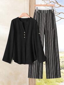 Rusticease Women's Contrast Black And White Striped Long Sleeve 2 Pieces Set, Suitable For Autumn/Winter - Khaki - View 5