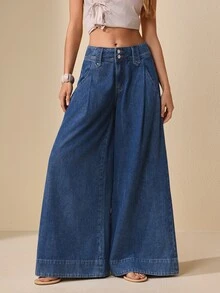 Selenza Women's Loose Wide Waistband 2-Button Straight Leg Wide Leg Vintage Denim Jeans - Dark Wash - View 5