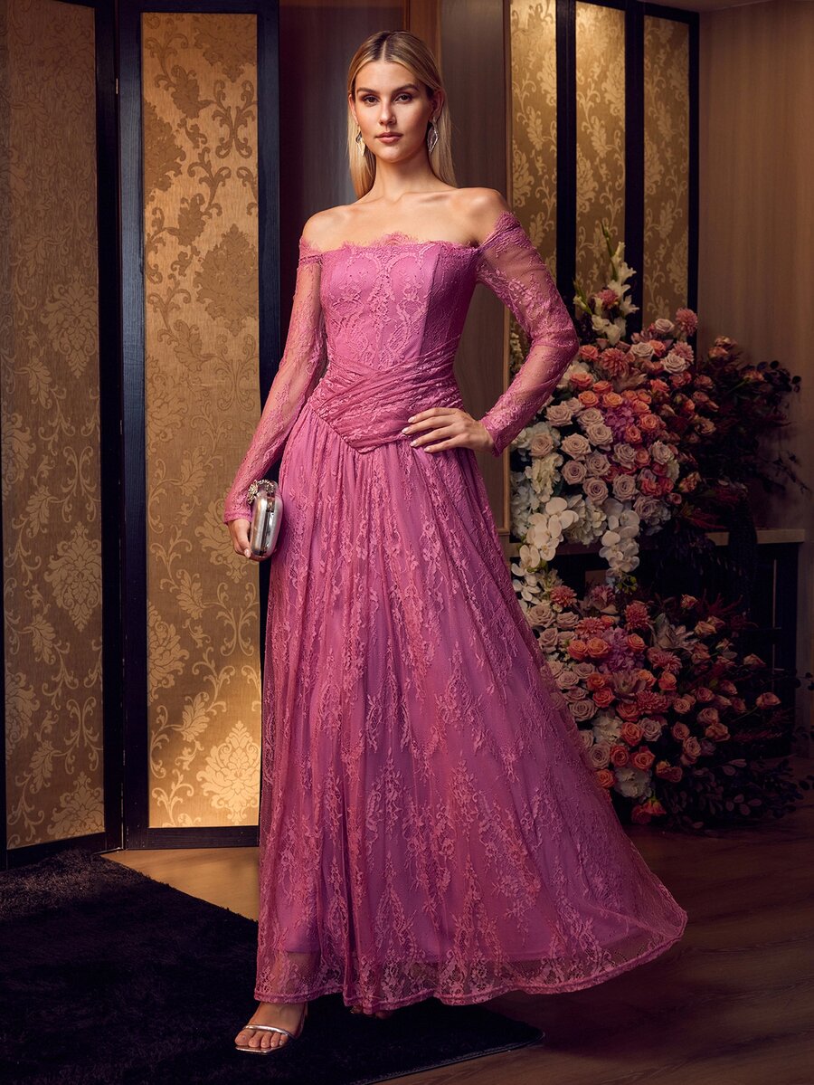 MOTF PREMIUM ELEGANT OFF SHOULDER LONG SLEEVE LACE MAXI GOWN FOR FORMAL EVENING PARTY, WEDDINGS, GALAS - Red Violet - View 1