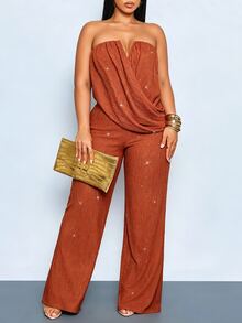 SOLERSUN Plus Size Elegant Party Strapless Ruched Draped Wide Leg Jumpsuit, High Elastic Textured Shiny Party, Fashion Elegant Commute Party Halloween Party - Rust Brown - View 9