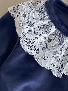 Newborn Baby Girl Fleece Romper, Autumn/Winter Elegant Princess Style Lace Trim Crawl Suit, Long Sleeve Footed Bodysuit With Headband, 2 Pieces Set Home Wear - Navy Blue - View 6