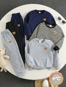 SHEIN 6件組 Youngboy 秋冬百搭卡通圖案黑白條紋卡其色純色長袖衛衣 6件組針織收口長褲 2件套穿搭適合秋冬外出 - 彩色 - 查看 5