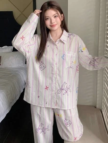 Dazy Plus 時尚可愛卡通印花全身花卉條紋寬鬆家居服 2 件套大尺碼女款 春/秋睡衣套裝 - 粉色 - 查看 6