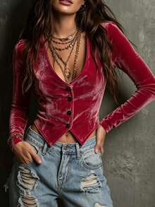 SHEIN LUNE Single-Breasted Decor Deep V-Neck Long Sleeve Velvet Cropped Top, Asymmetrical Pointed Hem Cardigan, Party Date Night Out Top, Christmas Gathering - Hot Pink - View 4