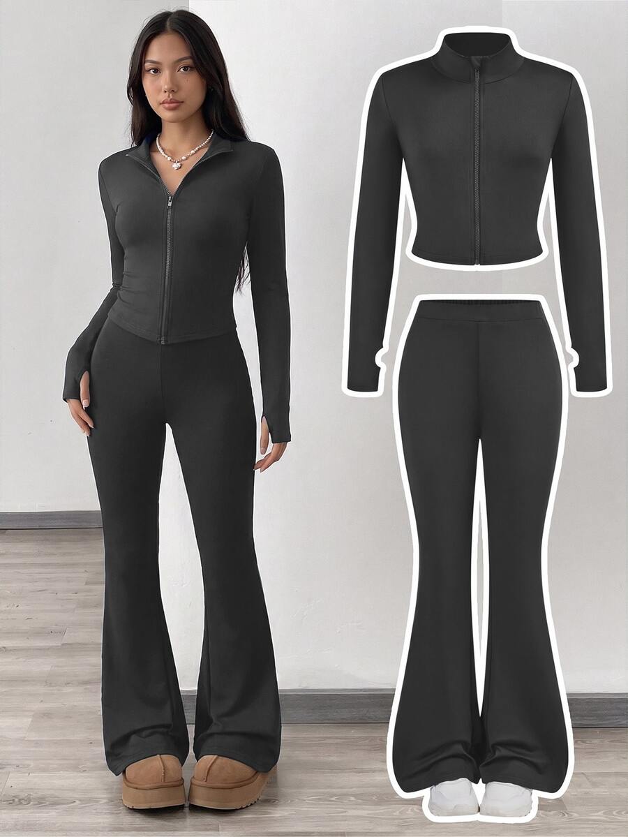 SHEIN Girlism NovaGlow 青少年女孩運動休閒日常針織素色開襟外套與喇叭褲套裝 - 深灰色 - 查看 1