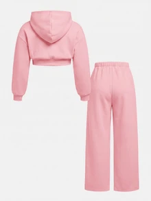 SHEIN Girlism 兒童青少年女孩休閒針織極簡連帽衛衣與運動長褲套裝 - 粉色 - 查看 2