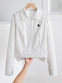 SHEIN 青少年女孩休閒圖案印花長袖上衣，弧形下擺，返校季 - 白色 - 查看 3