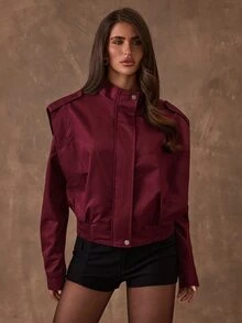 SHEIN BAE Jaket Kasual Wanita Lengan Panjang Kerah Tegak Warna Polos dengan Potongan Pinggang yang Pas - Burgundy - View 6