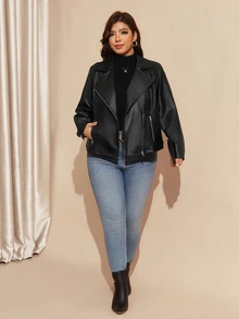 SHEIN LUNE Plus Size Women's Solid Color PU Leather Fashion Versatile Long Sleeve Jacket - Black - View 8