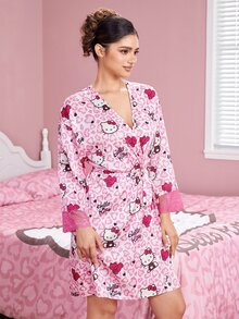 HELLO KITTY AND FRIENDS | SHEIN رداء نسائي بطبعة كرتونية على شكل قلب - وردي فاتح - مشاهدة 4