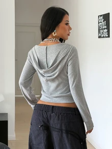 StreetHx Women's Spring/Autumn Grey Sexy Slim Fit Flattering Hoodie Sweatshirt With Rhinestone Front Design, Suitable For Casual And Commute - Grey - View 2
