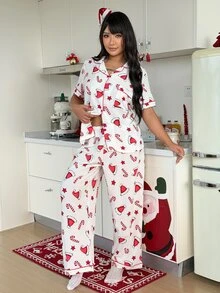ZzzCrew Plus Size Christmas Theme Print Santa Hat & Candy Cane Pattern Short Sleeve & Long Pants Set, Casual Skin-Friendly Lapel Collar 2 Pieces Loungewear Pajamas - White - View 3