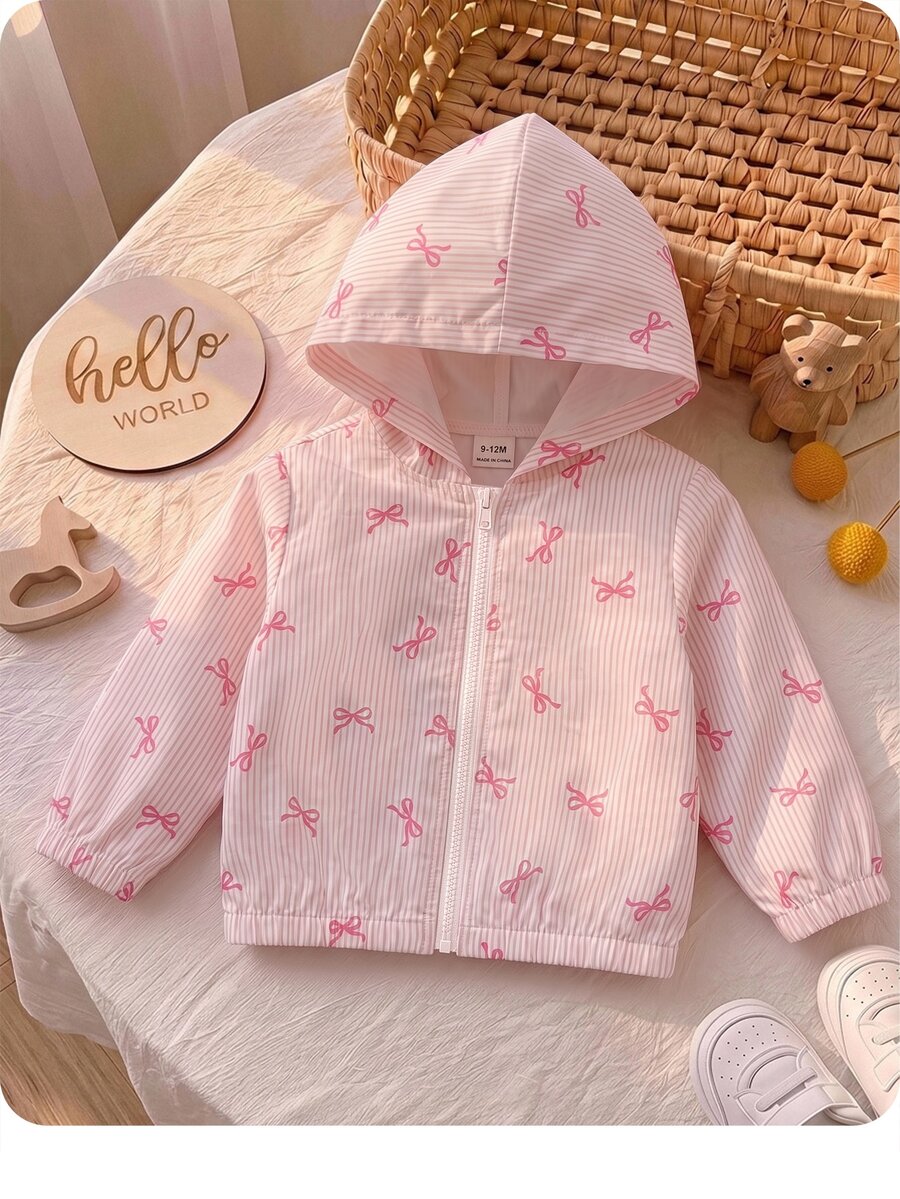 SHEIN 女嬰可愛休閒粉色花卉圖案連帽秋季外套 - 淺粉色 - 查看 1
