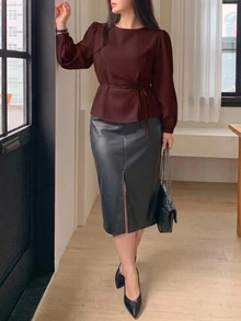 Dazy Plus Korean Style Red Office Wear Tie-Neck Round Collar Petal Sleeve Commuter Blouse - Burgundy - View 3