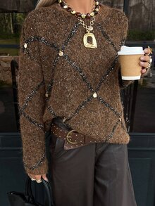 DAZY Women's Rhombus Pattern Sequin Pullover Sweater - Coffee Brown - View 3