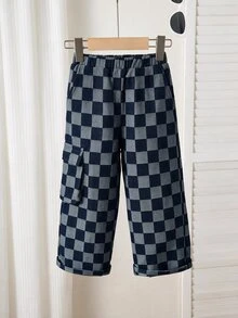 SHEIN 1件小男孩休閒運動可愛日常舒適街頭風百搭黑白棋盤格印花直筒長褲，適合外出、上學、日常聚會，四季皆宜，開學季適用 - 彩色 - 查看 5