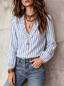 Glimmora Women's Striped V-Neck Casual Daily Wear Shirt - Multicolor - View 3