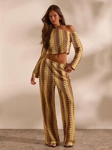 Opulessa Women's Sexy Jacquard Asymmetric Neck Cropped Top And Long Pants 2 Pieces Set - Yellow - View 4