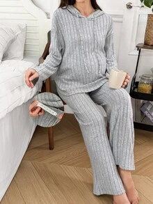 Moonlight&Mama Autumn/Winter Casual Ribbed Fabric Hooded Long Sleeve Top And Pants Maternity Loungewear Set, Soft And Comfortable - Light Grey - View 8