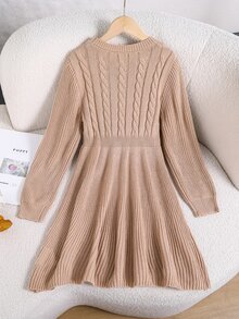 Girls' Autumn/Winter Fashion Handmade Beaded Heavy Craft Twisted Rope A-Line Long Sleeve Dress - Camel - View 2