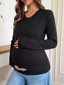 Dazy Maternity Solid Color Slim Fit Elastic Long Sleeve Crew Neck Casual Daily Holiday Spring Autumn Maternity T-Shirt - Black - View 5