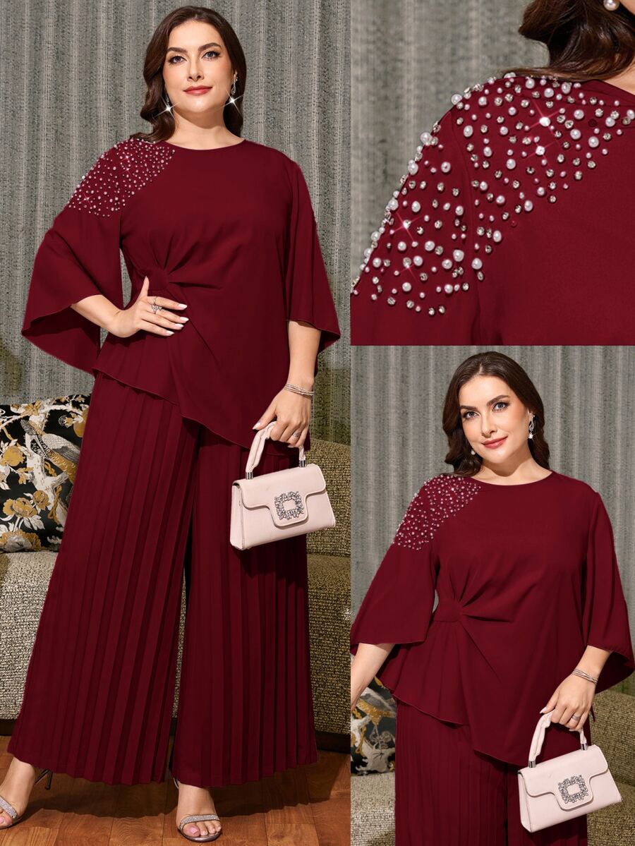 SHEIN Clasi Plus Size Women's Rhinestone Pleated Top And Pants Casual Daily 2 Pieces Set - Burgundy - View 1