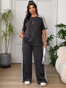 SHEIN EZwear 大尺碼女款豹紋拼色上衣與長褲休閒日常穿搭套裝 - 深灰色 - 查看 3
