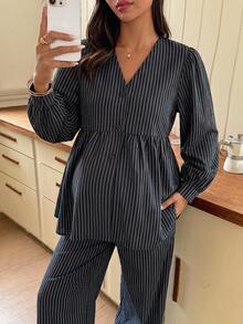 Dazy Maternity 時尚條紋套裝 寬鬆短袖上衣＋休閒長褲 日常穿著 孕婦 2件式套裝 - 黑色 - 查看 6