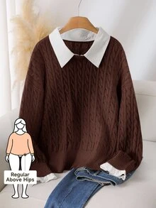 CosyJoli Sweater Lengan Panjang Kasual Harian Wanita Ukuran Plus dengan Motif Blok Warna - Chocolate Brown - View 7