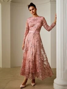 ZEYLAH Gaun Pesta Wanita Elegan dengan Motif Bordir Bunga Payet yang Menekan Pinggang - Berwarna merah muda - View 6