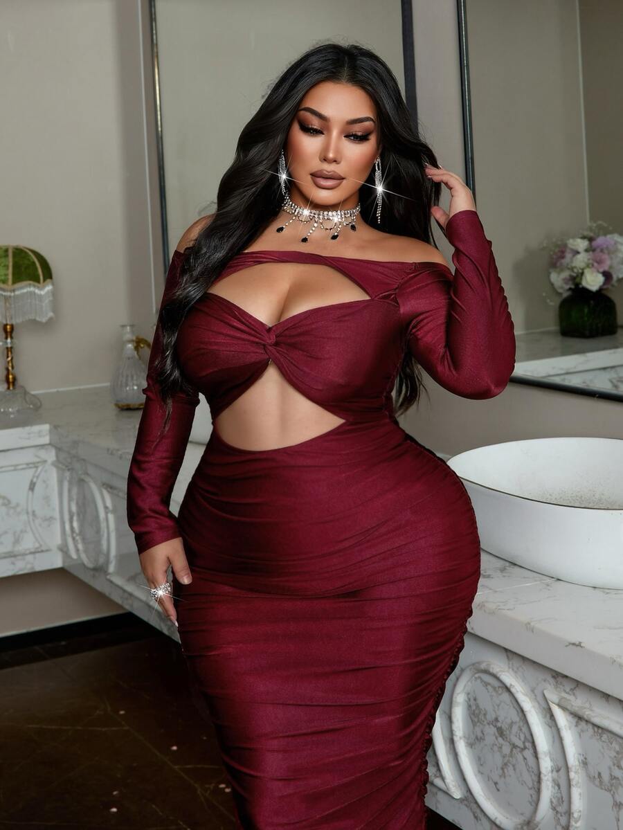 NU&NOW Plus Size Fashion Sexy Off-Shoulder Twisted Hollow Out Fitted Dress - Burgundy - View 1