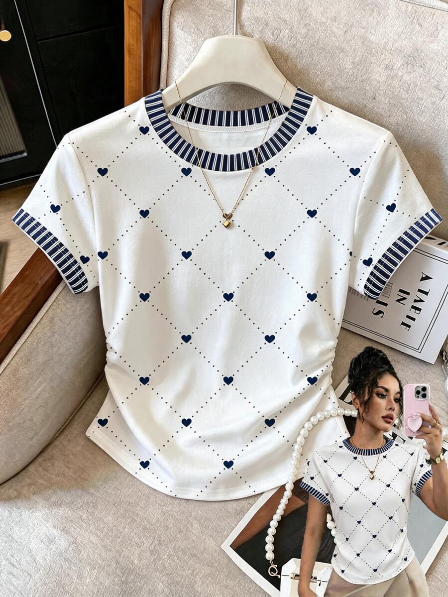 Rafferiza 女款 T-shirt 夏季外出上衣 收腰設計 全心印花圖案 白色 休閒日常百搭 - 彩色 - 查看 1